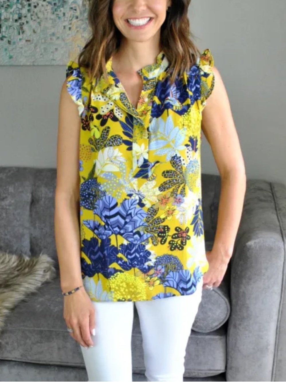 LOFT Hummingbird Floral Flutter Sleeve Top XL